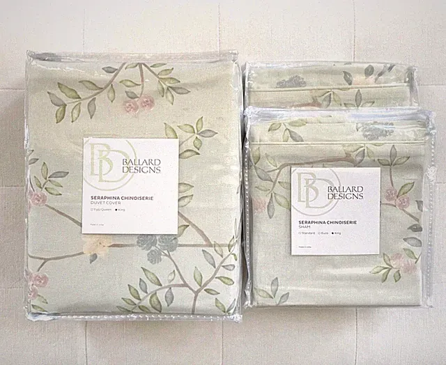 Ballard Designs SERAPHINA CHINOISERIE Duvet Cover King & King Shams Spa NWT