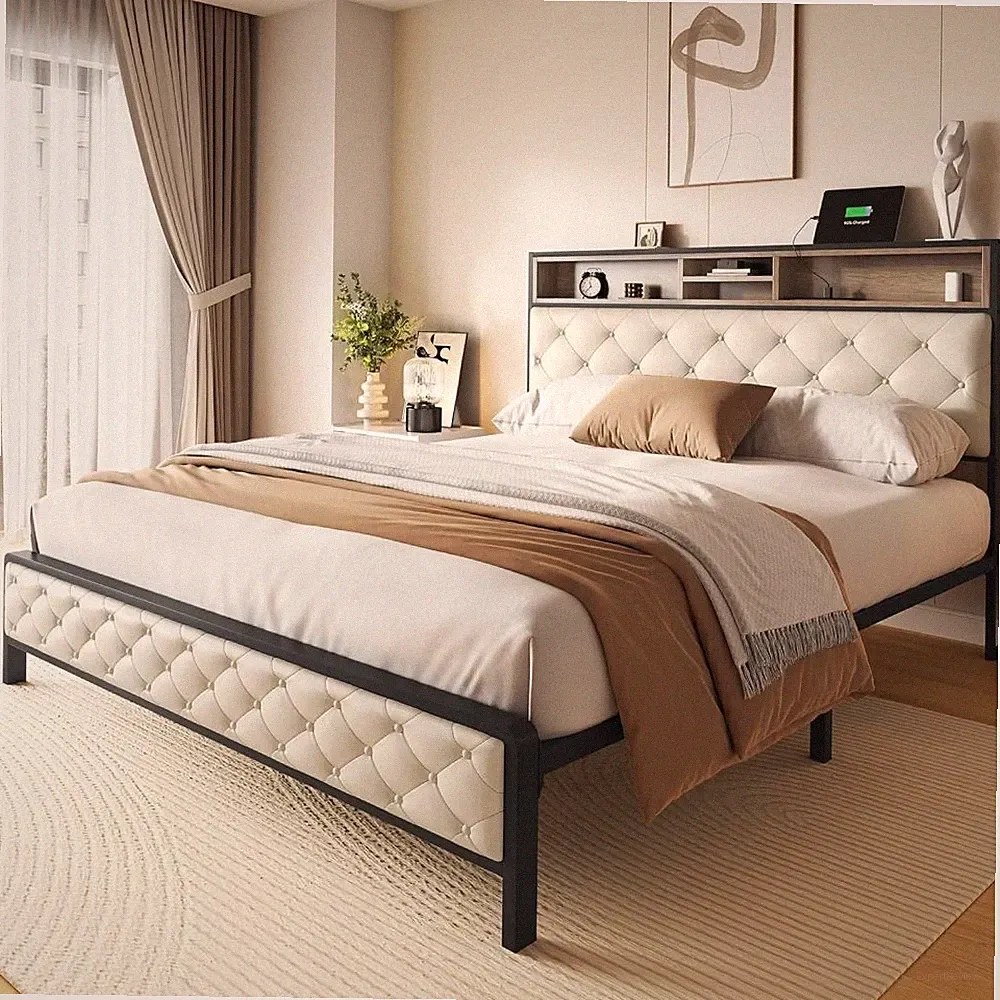 Bed frame W charging station, soft cushion, storage, headboard with foot pedal