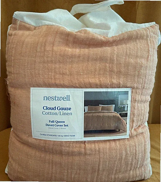 Full Queen Almondine 3 pc Nestwell Duvet Set Spa Gauze Cover Cotton Linen almond