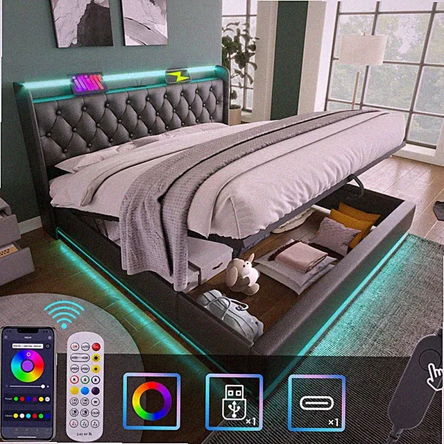 Lift Up Storage Bed Frame, Full Queen King Upholstered Bed Charging & LED Lights