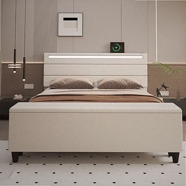 Linen Full Queen LED Bed Frame with Multifunctional Storage＆Charging Station