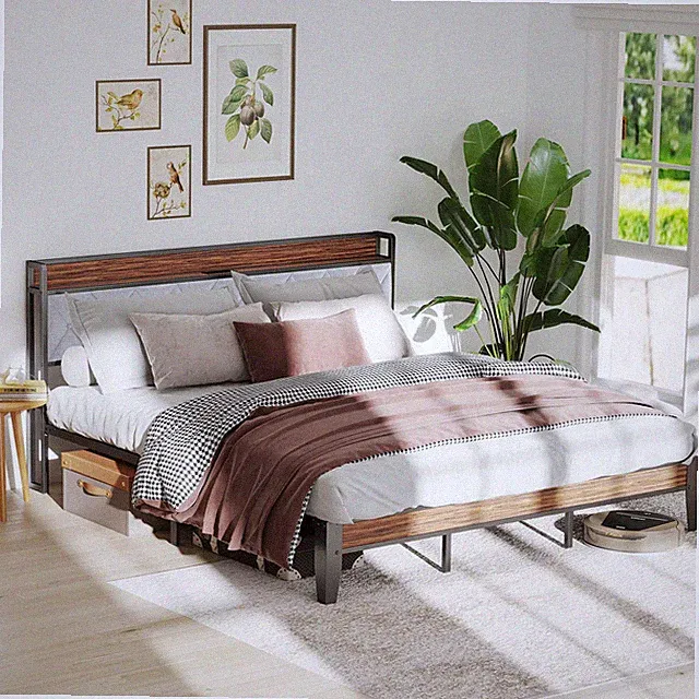 Queen/ King Soft Pack Heavy Duty Metal Bed Frame with Headboard Charging Station