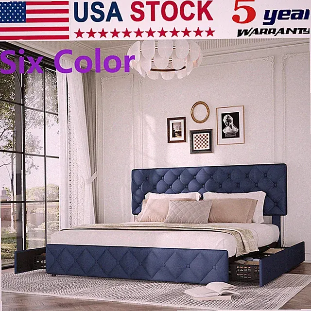 🔝Queen Size Bed Frame 4 Drawers Headboard Linen Upholstered Platform Beds Stora